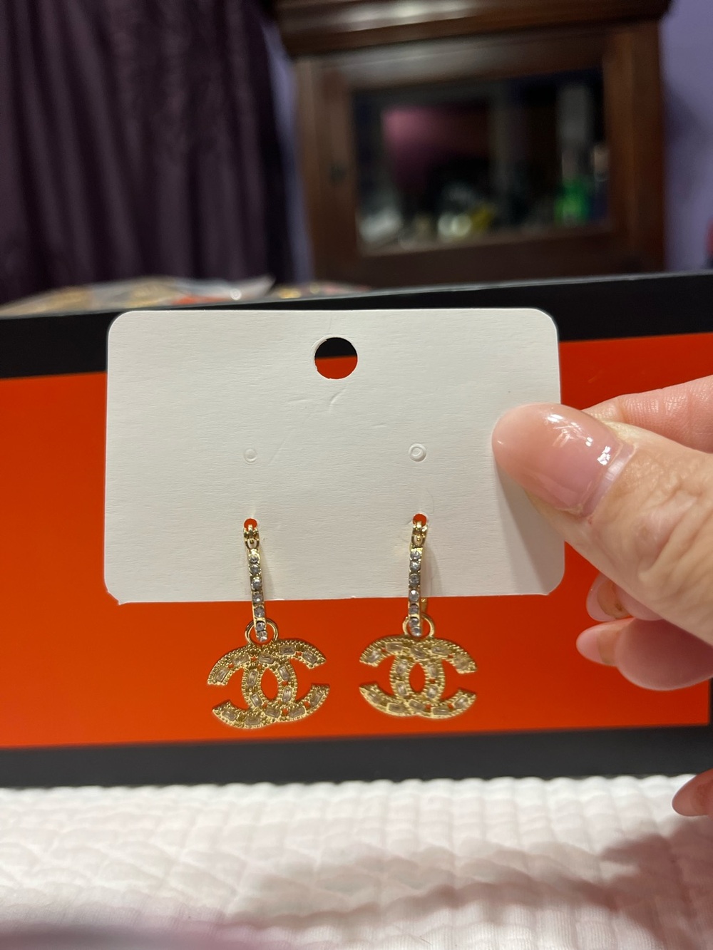 ChaneI Gold Tone Dangle Hoop Rhinestone Earrings
